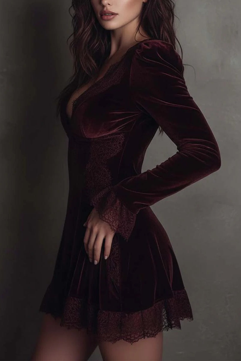 Deep V Neck Lace Trim Puff Sleeve Velvet Ruffled Hem Mini Dress