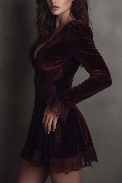 Deep V Neck Lace Trim Puff Sleeve Velvet Ruffled Hem Mini Dress