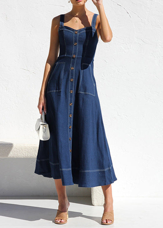 Denim Sweetheart Neck Button Front Patch Pocket A-Line Midi Dress