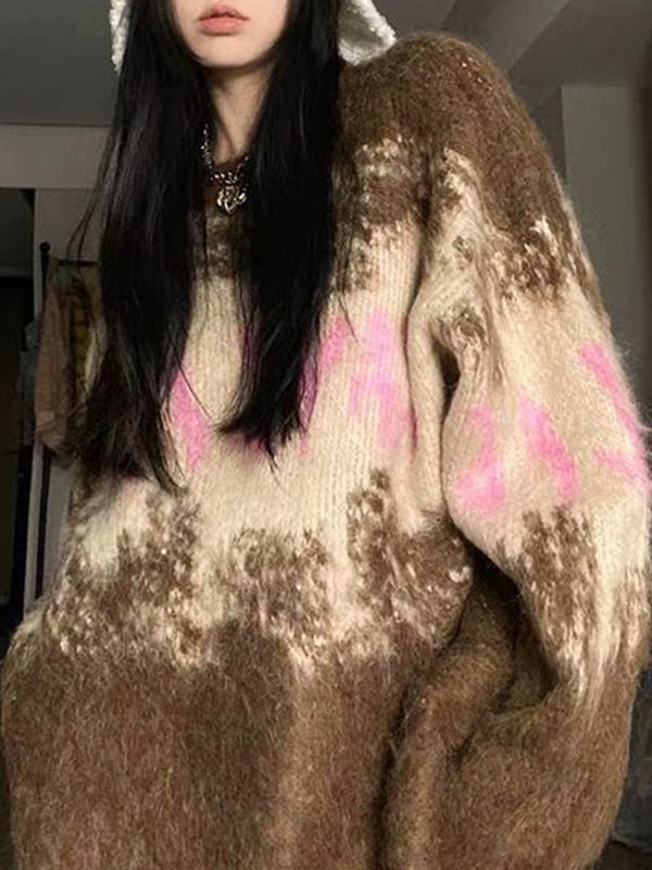 Fuzzy Contrast Color Print Oversized Sweater