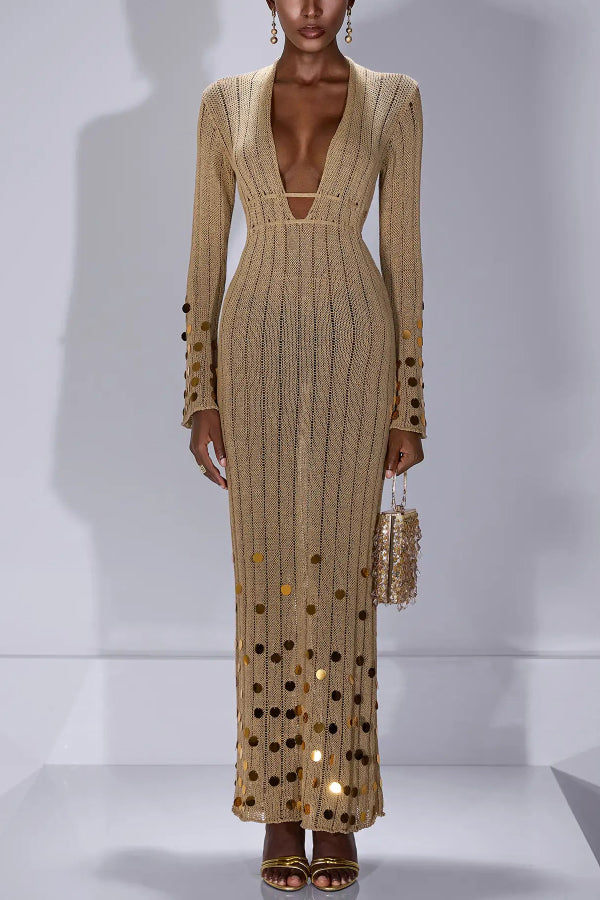 Stylish V-neck Flared Long-sleeved Knit Sequined Maxi Dress