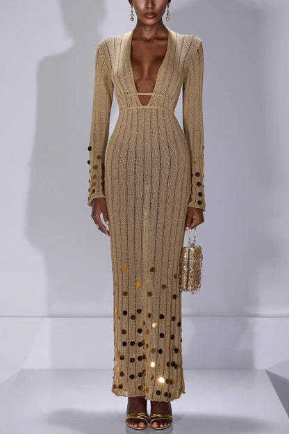 Stylish V-neck Flared Long-sleeved Knit Sequined Maxi Dress