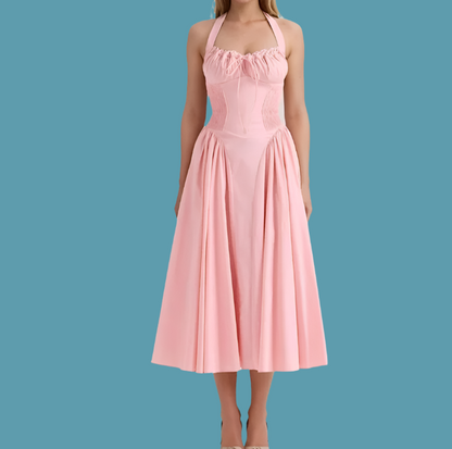 Corset Style Bow Halter Spliced Lace Midi Dress