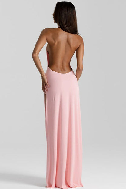 | Solid Halter Deep V Backless Slit Maxi Dress