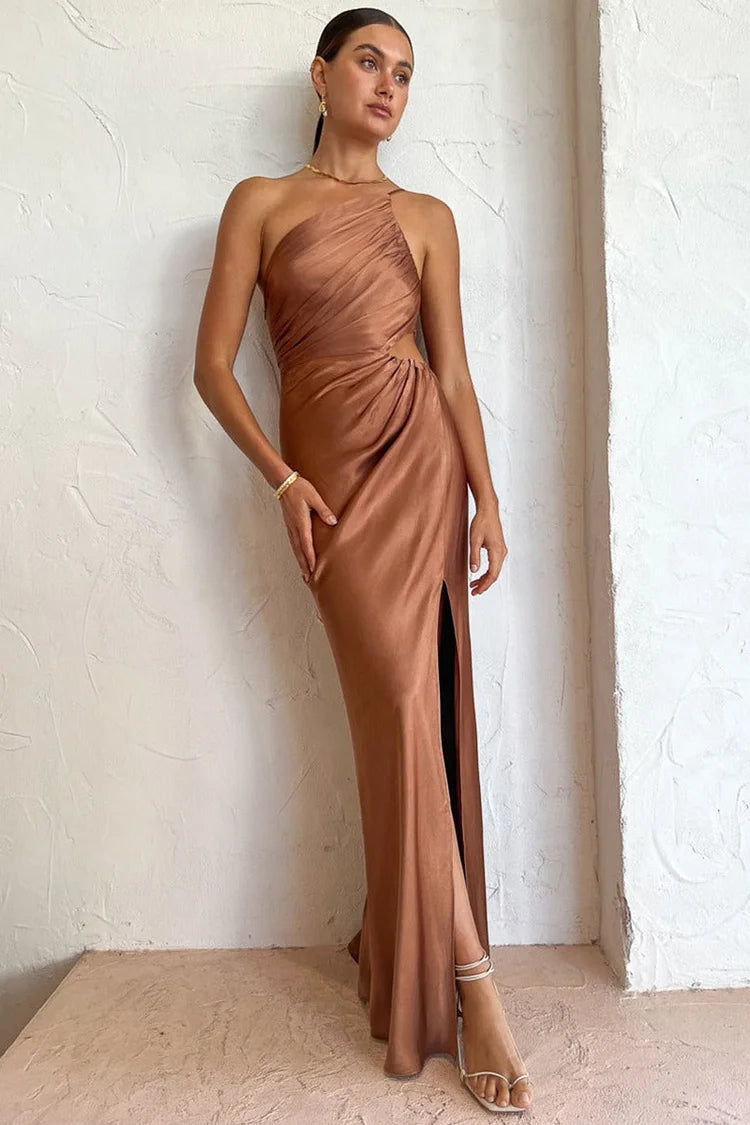 One-Shoulder Ruched Satin Waist Cutout High-Slit Maxi Gown