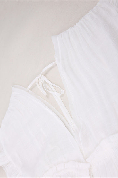 Deep V-Neck Flutter Sleeve Button Front Drawstring Waist Maxi Dress