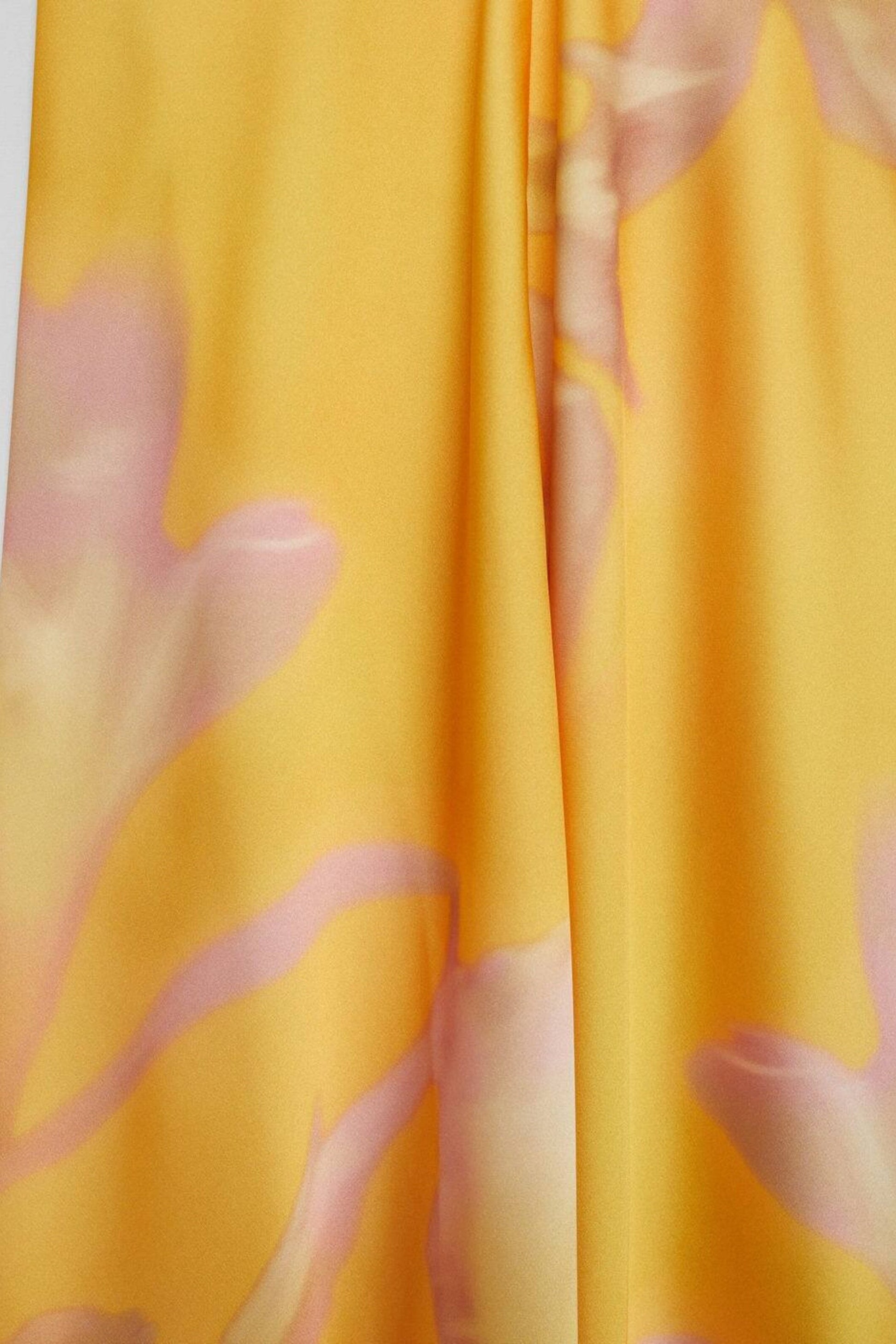 Halter Neck Twist Front Gathered Bodice Abstract Floral Satin Maxi Dress