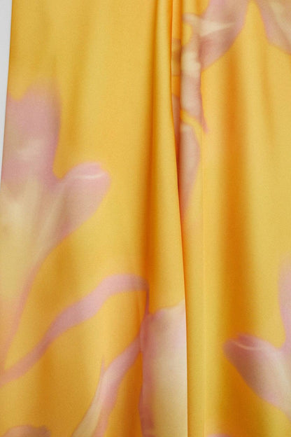 Halter Neck Twist Front Gathered Bodice Abstract Floral Satin Maxi Dress