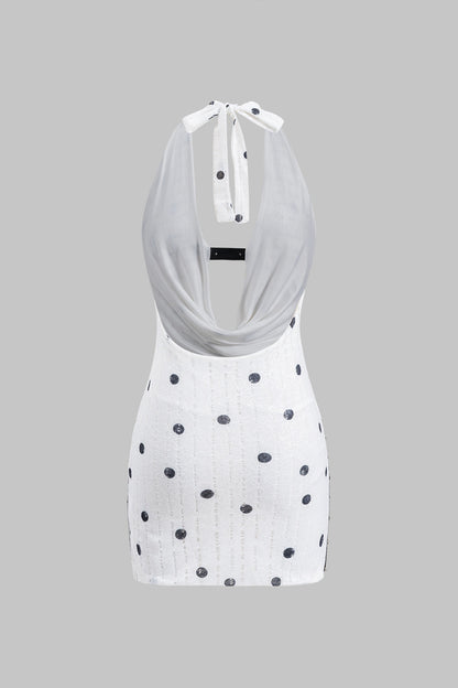 Halter Cowl Neck Polka Dot Quilted Knit Studded Side Panel Bodycon Mini Dress