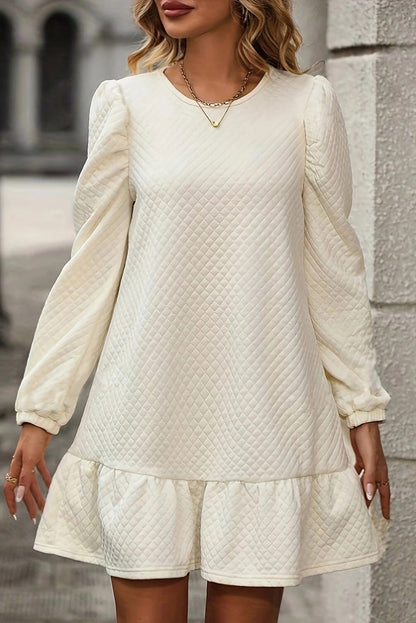 Quilted Puff Sleeve Round Neck Ruffle Hem Mini Dress