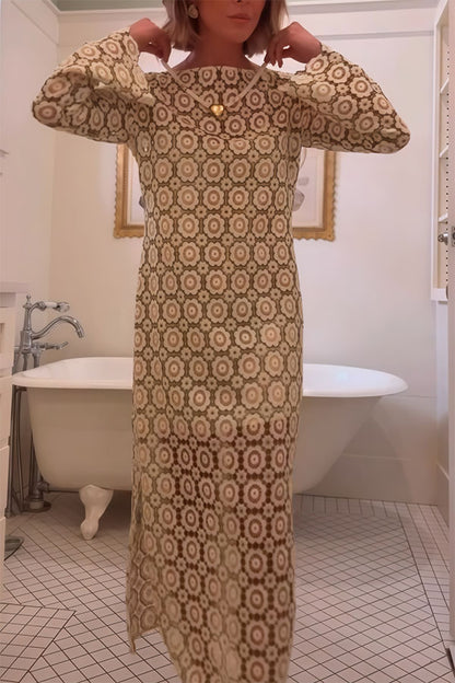 Summer Fashion Floral Crochet Cutout Fabric Long Sleeve Slit Vacation Midi Dress