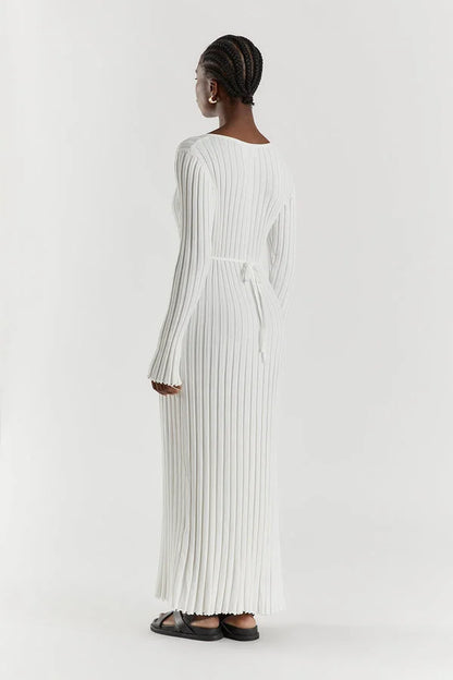 Rib Knit Deep V-Neck Long Sleeve Lettuce Hem Column Maxi Dress