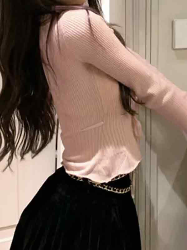 Ribbed Pearl Button Lace Up Long Sleeve Knit