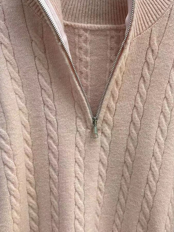 Vintage Lapel Neck Cable Half Zip Knit Sweater