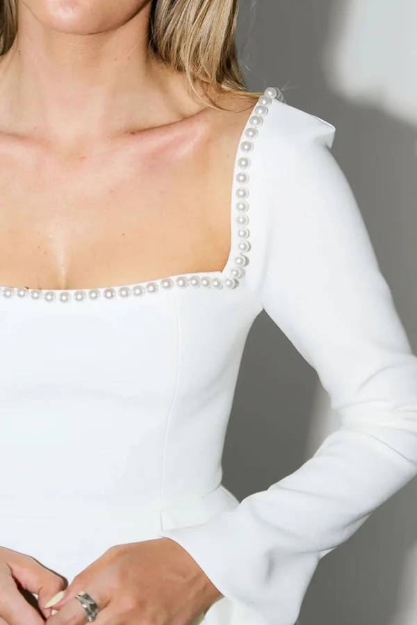 Pearl-Trim Square Neck Long Sleeve Pleated Skater Mini Dress