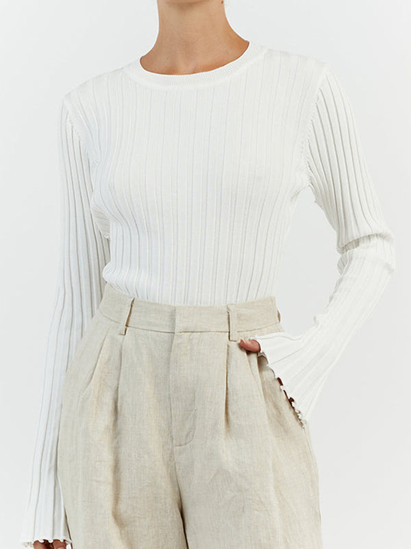 Solid Ribbed Crew Neck Long Sleeve Knit