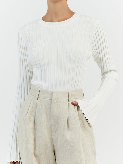 Solid Ribbed Crew Neck Long Sleeve Knit