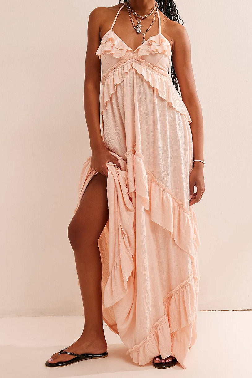Backless Halter Tie Crop Top Tiered Ruffle Maxi Skirt Set