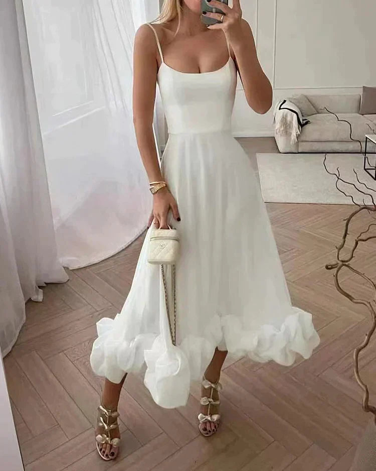 Scoop Neck Spaghetti Strap Corset Bodice Bubble Hem Maxi Gown