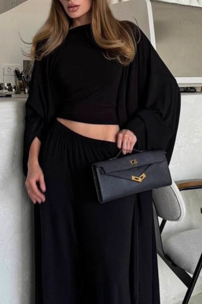 Solid Knit Flowly Long Sleeve Robe Three Piece Set