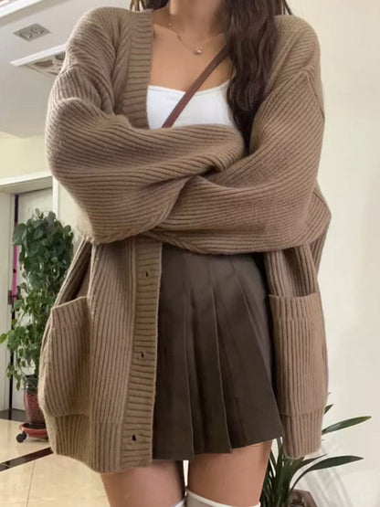 Preppy Solid Color V Neck Baggy Cardigan