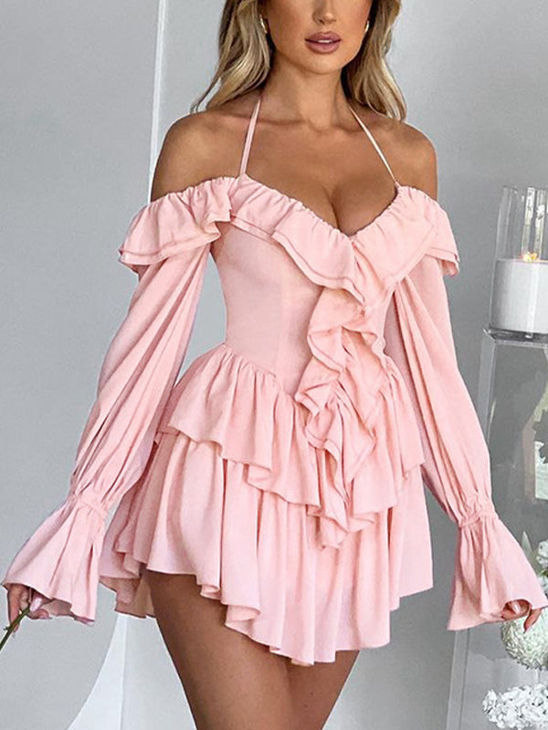 Solid Halter Ruffled Trim Mini Dress
