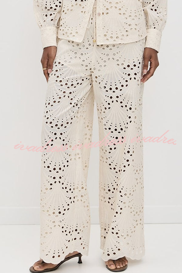 Lillah Embroidered Lace Shell Pattern Elastic Waist Pocket Wide Leg Pants