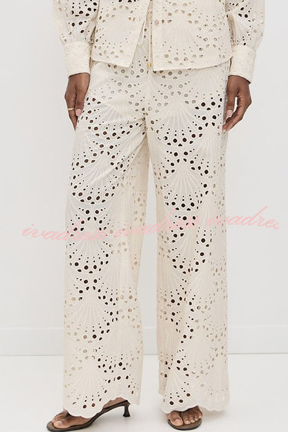 Lillah Embroidered Lace Shell Pattern Elastic Waist Pocket Wide Leg Pants