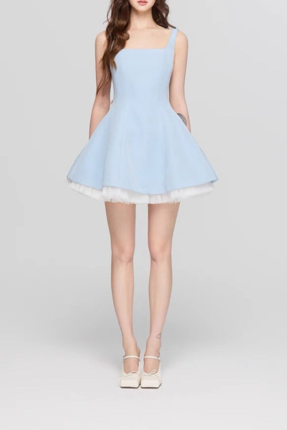 Square Neck Princess Seam Tulle Underlay Fit and Flare Mini Dress