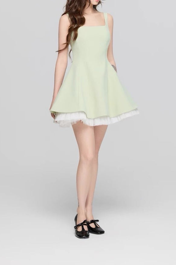 Square Neck Princess Seam Tulle Underlay Fit and Flare Mini Dress