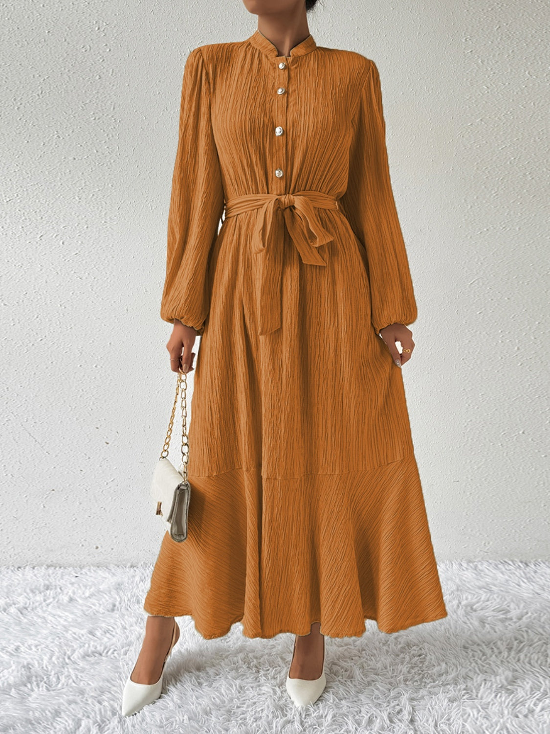 Textured Mandarin Collar Bishop Sleeve Tie Belt Tiered Maxi Dress