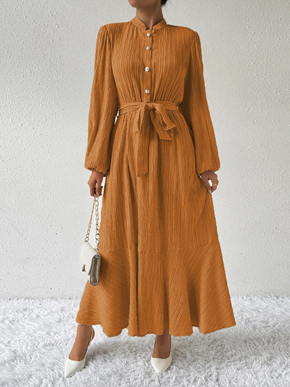 Textured Mandarin Collar Bishop Sleeve Tie Belt Tiered Maxi Dress