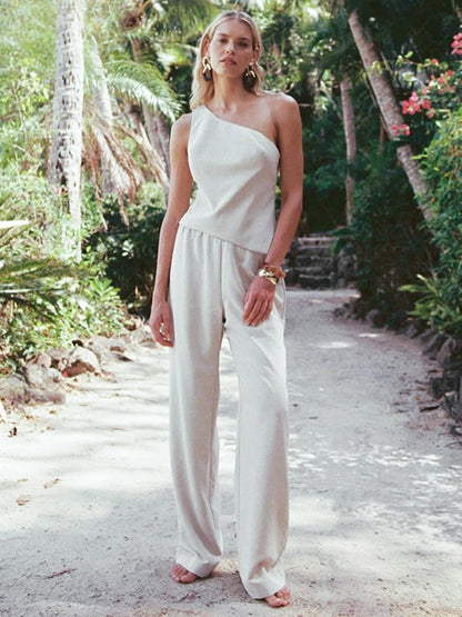 White Hollow Backless Pants Two Piece Set