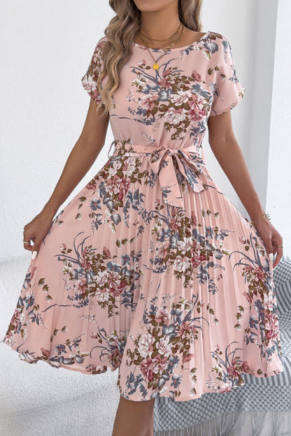 Floral Print Round Neck Fitted Waist Tie Pleated Midi Dress