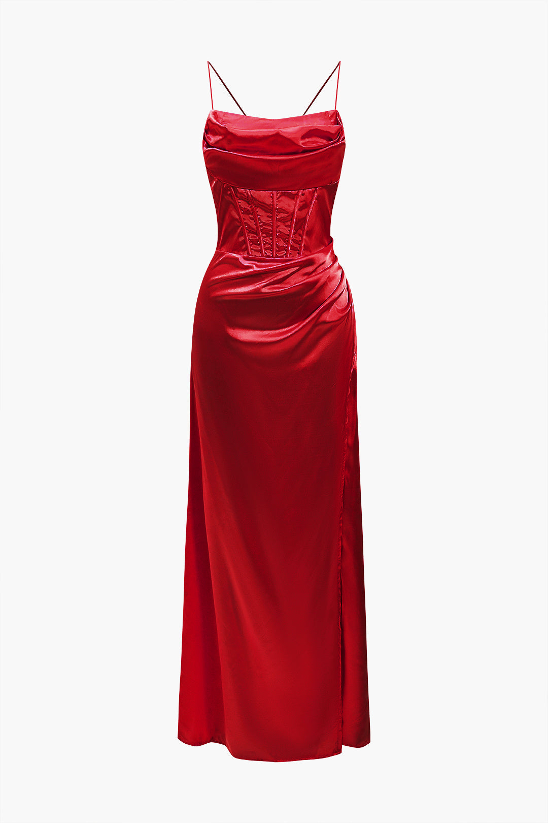 Cowl Neck Corset Bodice Spaghetti Strap Satin High Slit Maxi Dress