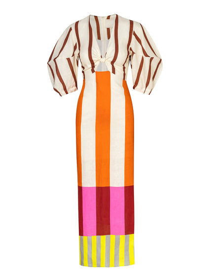 Deep V Neck Puff Sleeve Knotted Front Panel Stripe Maxi Dress