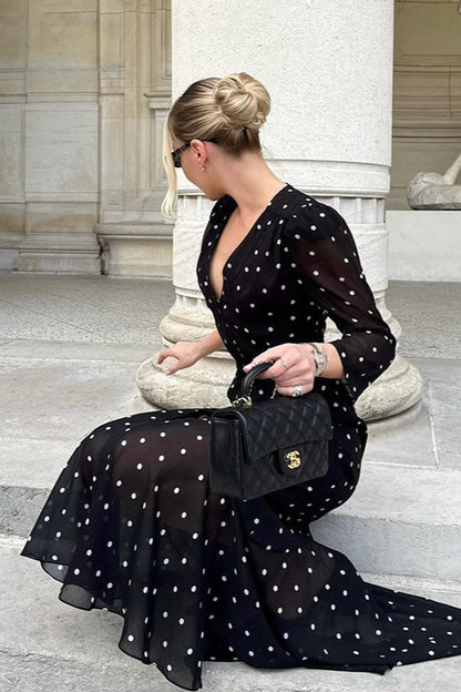 Polka Dot V-Neck Puff Sleeve Button-Front Chiffon Midi Dress