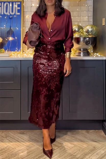 Feeling Festive Satin Button Up Long Sleeve Loose Blouse