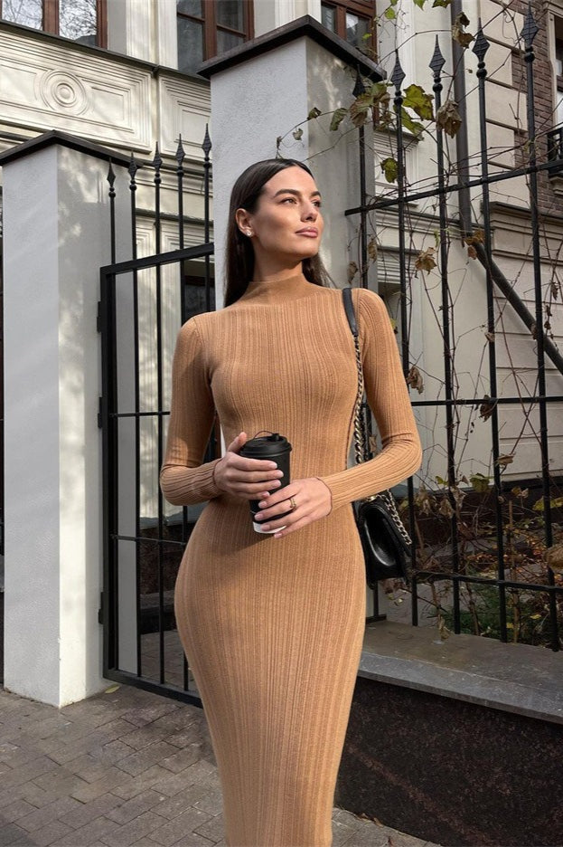 Sexy Stripe Turtleneck Knit Long Sleeve Bodycon Dress