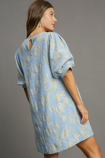 Jacquard Floral Puff Sleeve Crew Neck A-Line Mini Dress
