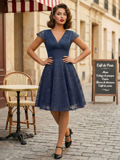 Vintage 1950s Midi Lace Dress for Women - V Neck Cap Sleeve A-line Cocktail Prom Gown - Wedding Guest Wear 2026