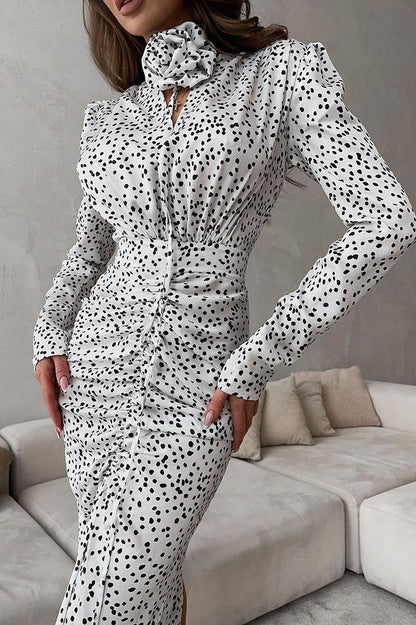 Polka Dot Print Rosette Neck Ruched Front Puff Shoulder Long Sleeve Midi Dress
