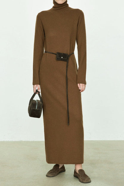 Turtleneck Long Sleeve Column Belted Knit Maxi Dress