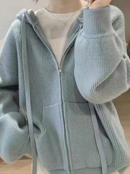 Solid Hooded Zip Up Knit Cardigan