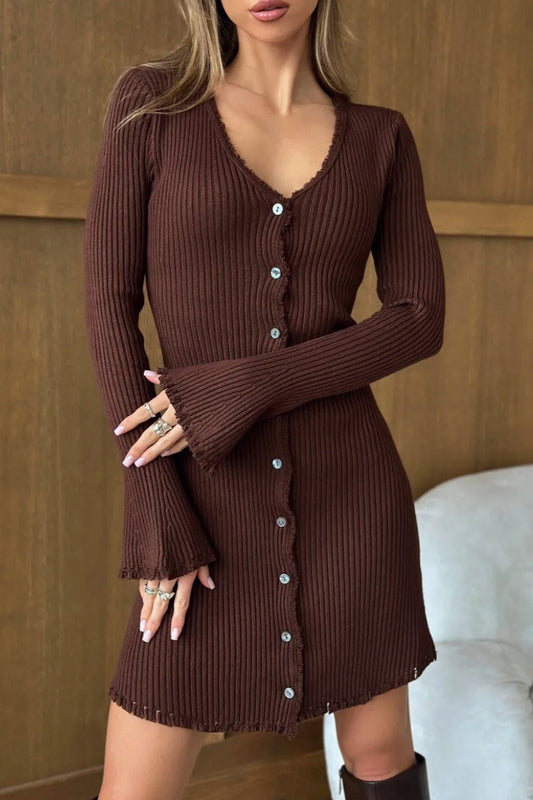 Solid Button Front Knit Sweater Dress