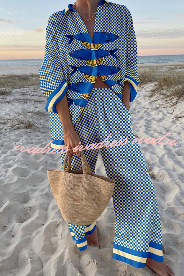 Unique Ocean Print Oversized Shirt and Elastic Waist Pocket Pants Set