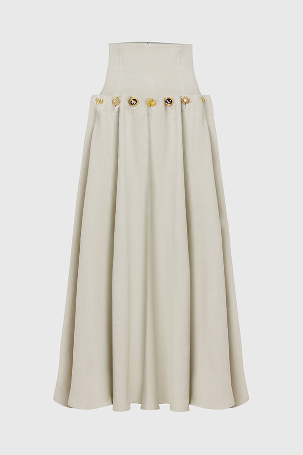 Custom Look Linen Blend Unique Metal Pattern Buttons Lace-up Waist Crisp Hem Maxi Skirt
