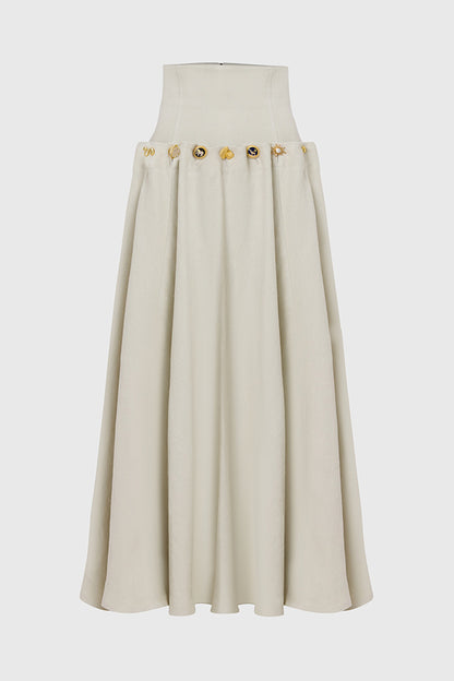 Custom Look Linen Blend Unique Metal Pattern Buttons Lace-up Waist Crisp Hem Maxi Skirt