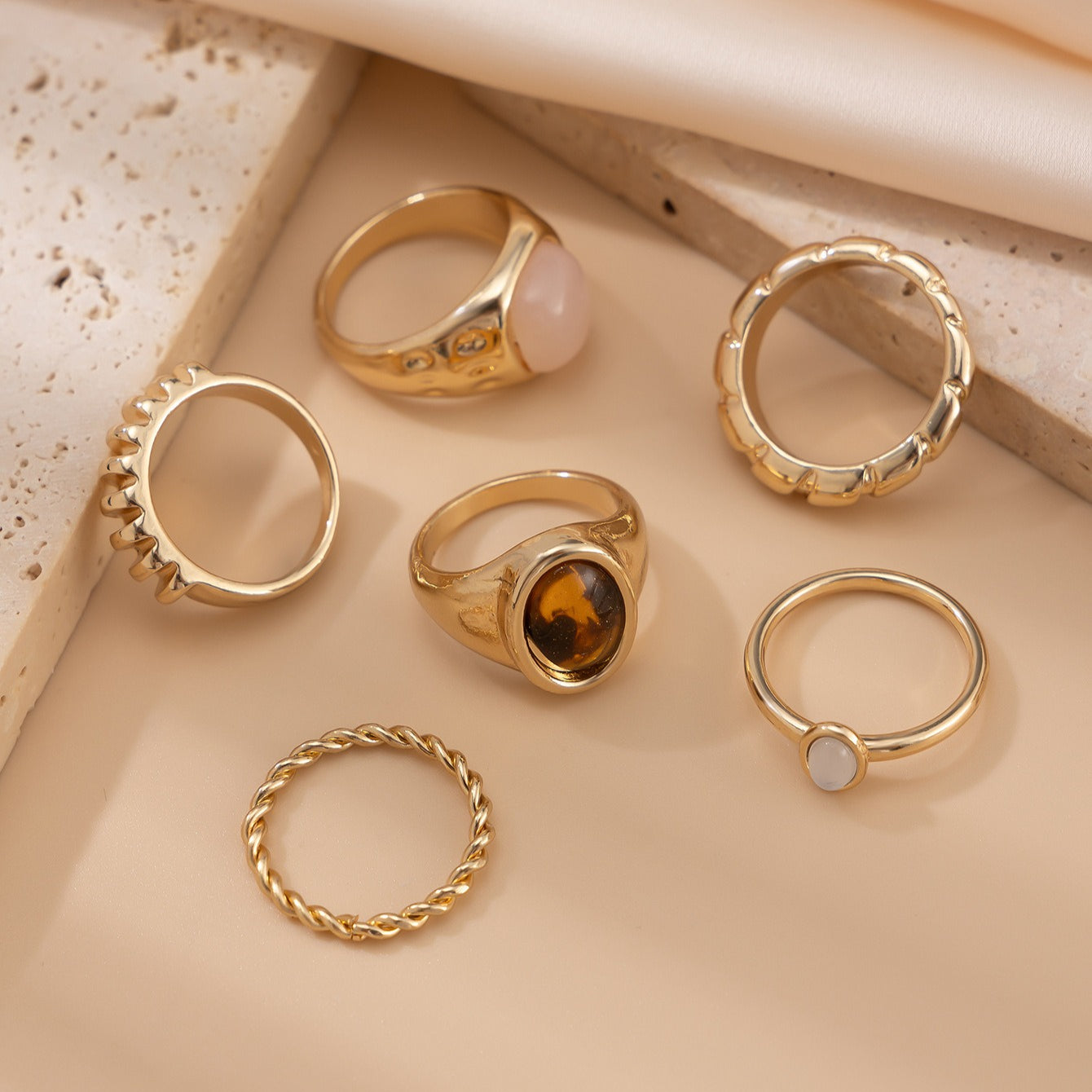 6-Piece Irregular Gemstone Metal Ring Set
