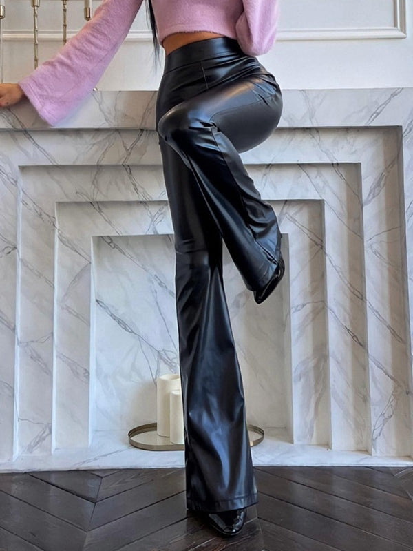 Pu Leather High Rise Flared Leather Pants